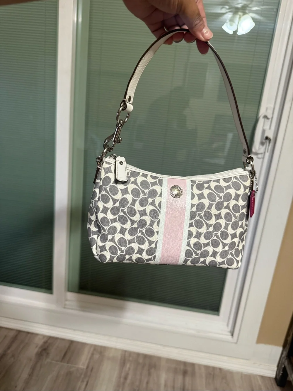 Coach Signature Canvas Small Shoulder Bag in Light Pink and Gray